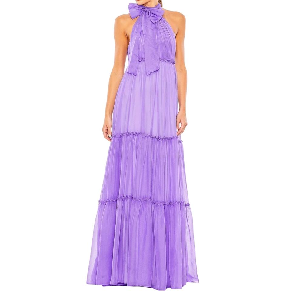 NEW Mac Duggal Tie-Neck Tiered Halter Chiffon Purple Maxi Gown Size 16 Plus